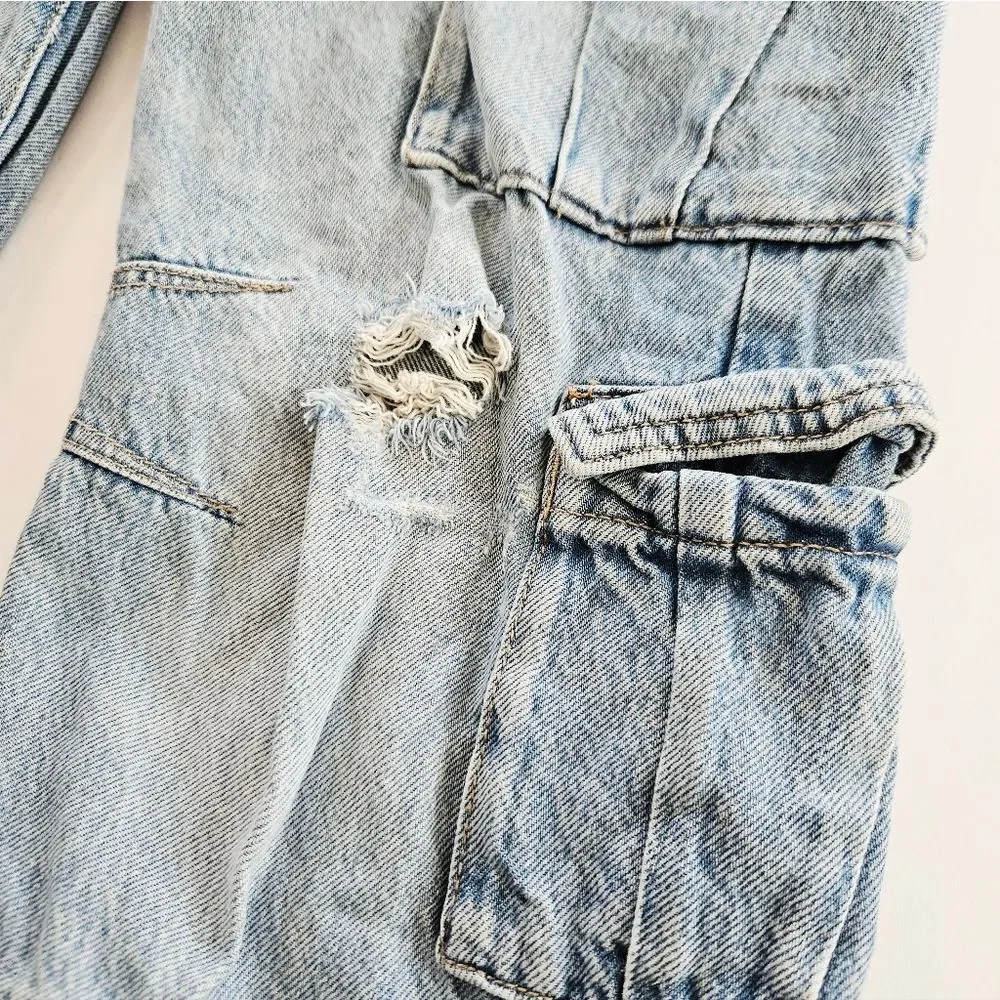 Garage Light Wash Distressed '90s Grunge High Rise Relaxed Fit Cargo Jeans 25